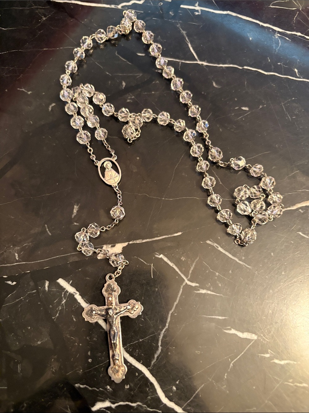 Crystal Quartz Rosary Necklace with Silver tone Crucifix